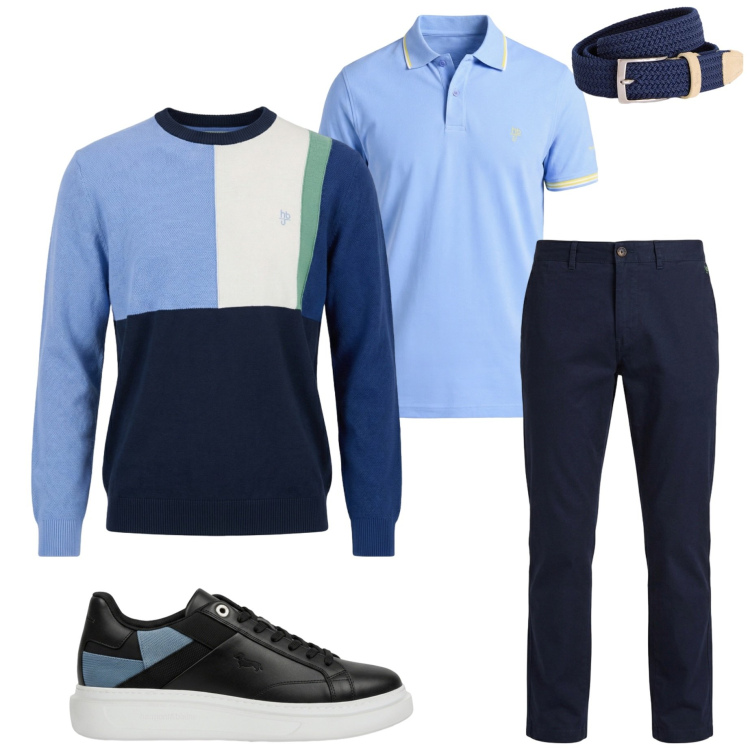 Outfit uomo - Tonalità di colori perfette. Stile Casual per Tutti i giorni. Abbinamento con cinture, sneakers, pantaloni, maglieria, polo.