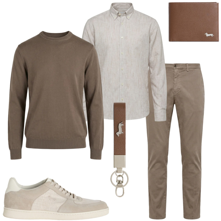 Outfit uomo - In ufficio. Stile Business/Elegante per Ufficio. Abbinamento con portachiavi, portafogli, sneakers, maglieria, camicie, pantaloni chino.
