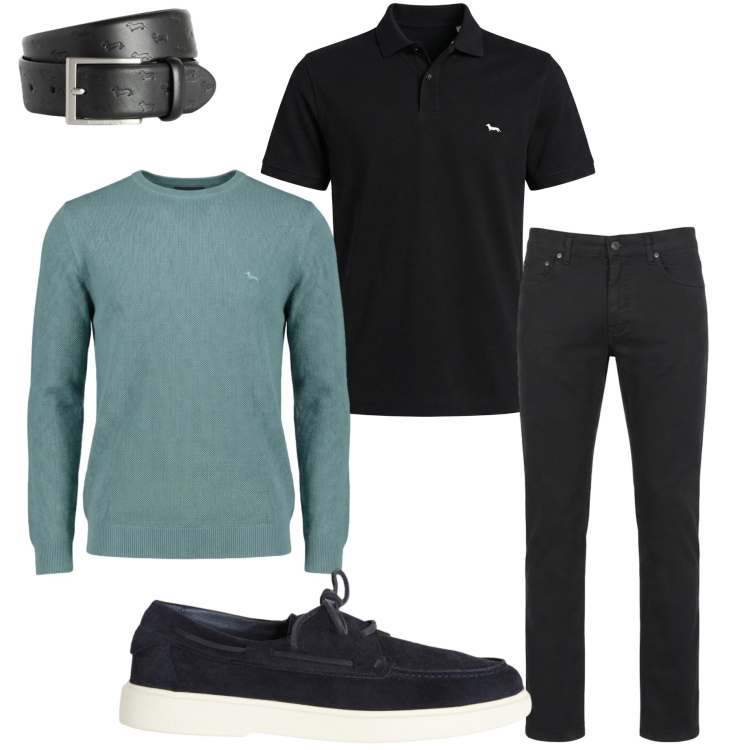 Outfit uomo - Look quotidiano. Stile Urban per Ufficio. Abbinamento con cinture, scarpe stringate, polo, pantaloni, pullovers.