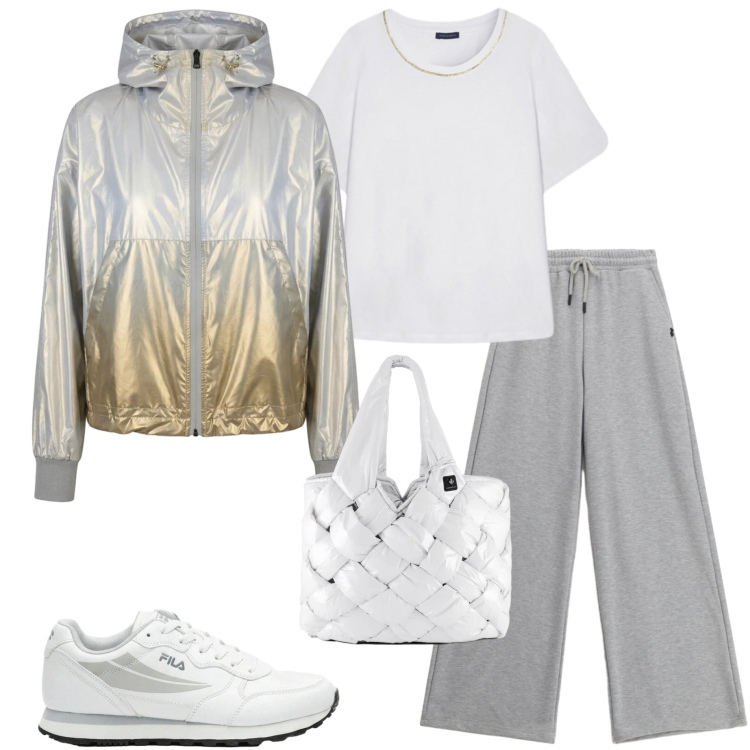 Outfit donna - Temporale all\' improvviso. Stile Casual per Tutti i giorni. Abbinamento con sneakers, pantaloni, t-shirt, borse tote, bomber.