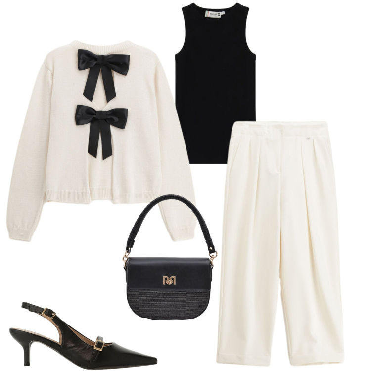 Outfit donna - Black and White. Stile Casual chic per Serata fuori. Abbinamento con maglieria, pantaloni, top, sandali col tacco, borse a spalla.