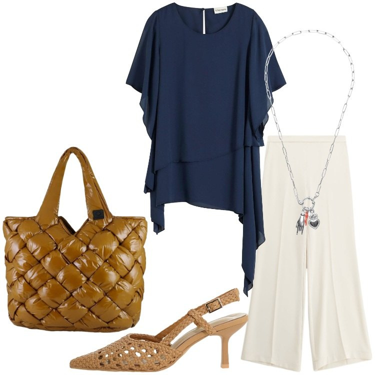 Outfit donna - Pantaloni a palazzo e blusa comoda. Stile Minimal per Tutti i giorni. Abbinamento con bluse, pantaloni a palazzo, décolleté, borse tote, ciondoli.