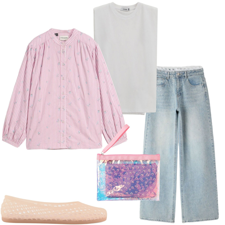 Outfit donna - Casual style. Stile Casual per Tutti i giorni. Abbinamento con camicie, pochette, jeans, top, ballerine.