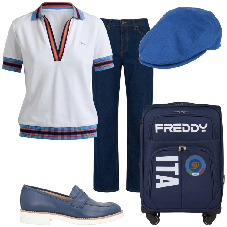 Outfit donna - Verso il Foro Italico. Stile Casual per Tutti i giorni. Abbinamento con cappelli, mocassini, polo, jeans, borse sportive.