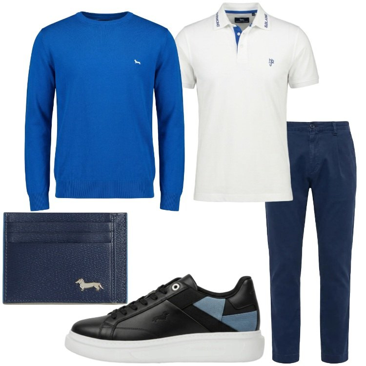 Outfit uomo - Polo protagonista. Stile Trendy per Ufficio. Abbinamento con portafogli, sneakers, pullovers, polo, pantaloni.