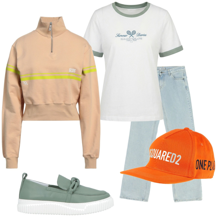 Outfit donna - Internazionali BNL d\'Italia. Stile Casual per Tutti i giorni. Abbinamento con cappelli, mocassini, felpe, t-shirt, jeans dritti.