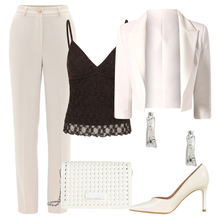 Outfit donna - Classico. Stile Chic per Cerimonia. Abbinamento con borse a tracolla, canottiere, blazer, pantaloni, décolleté, orecchini.