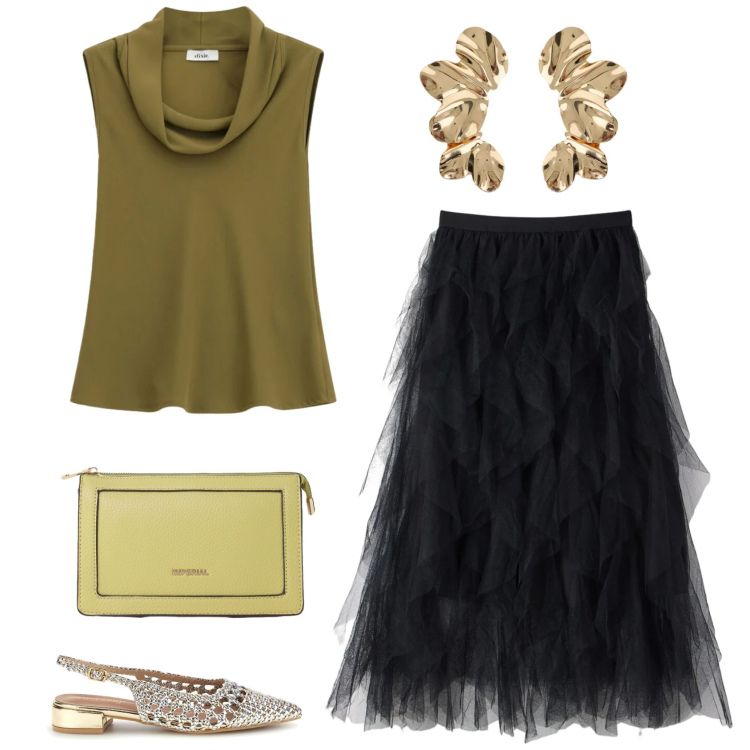 Outfit donna - Brillante. Stile Chic per Cerimonia. Abbinamento con gonne lunghe, borse a tracolla, orecchini, top, sandali.