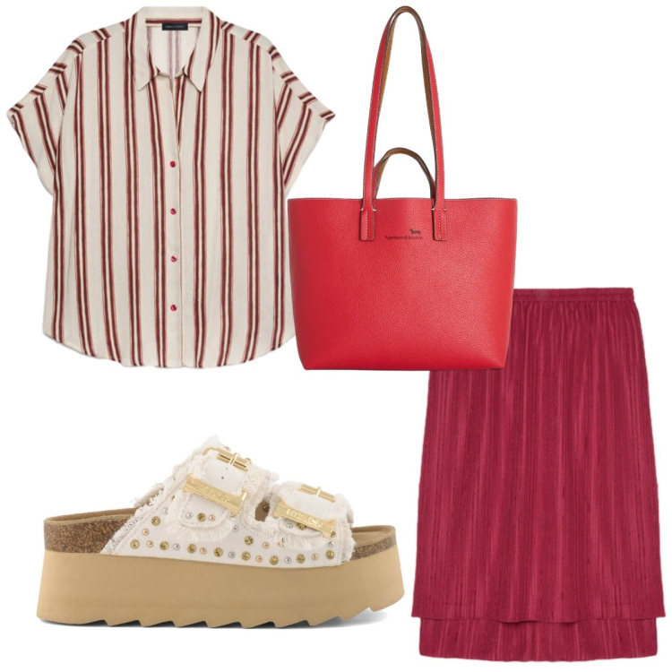 Outfit donna - Curvy. Stile Casual per Tutti i giorni. Abbinamento con shopping bag, gonne, camicie a manica corta, zeppe.