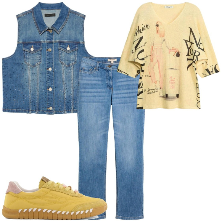 Outfit donna - Di fretta. Stile Casual chic per Tutti i giorni. Abbinamento con jeans dritti, maglieria, gilet, sneakers.