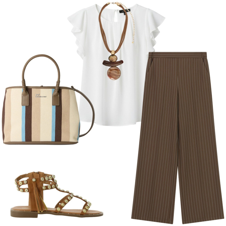Outfit donna - Total look #2400128. Stile Casual chic per Cerimonia. Abbinamento con shopping bag, pantaloni a palazzo, sandali, top, ciondoli.