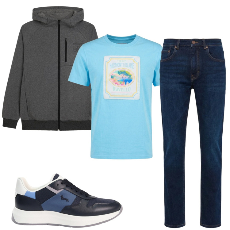 Outfit uomo - Total look #2400130. Stile Casual per Tutti i giorni. Abbinamento con jeans, sneakers, t-shirt, felpe con cappuccio.