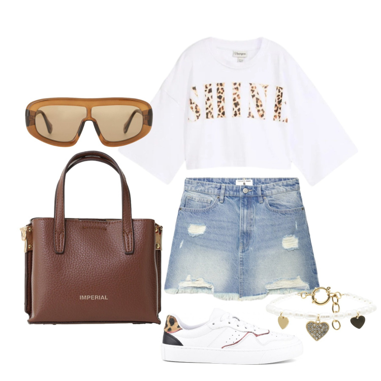Outfit donna - Maggio. Stile Trendy per Tutti i giorni. Abbinamento con t-shirt, minigonne, occhiali da sole, borse a tracolla, braccialetti, sneakers.
