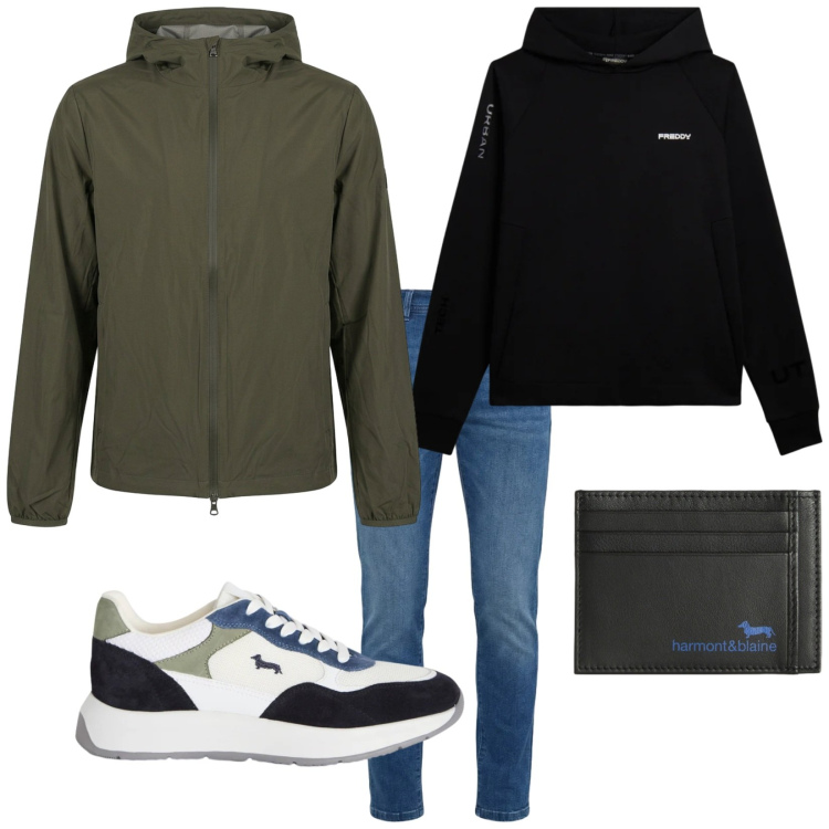 Outfit uomo - Total look #2400134. Stile Urban per Tutti i giorni. Abbinamento con sneakers, portafogli, jeans slim fit, felpe con cappuccio, giacche.