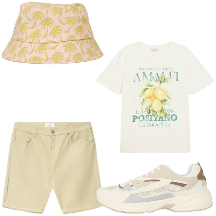 Outfit uomo - Amalfi. Stile Casual per Tutti i giorni. Abbinamento con t-shirt, cappelli con visiera, sneakers, bermuda.
