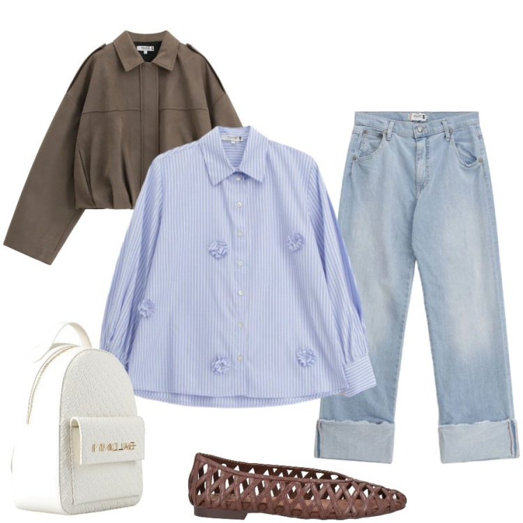 Outfit donna - Total look #2400136. Stile Casual chic per Ufficio. Abbinamento con zaini, ballerine, bomber, jeans dritti, camicie.