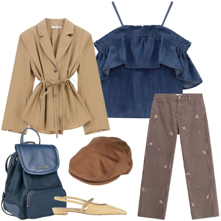 Outfit donna - Total look #2400143. Stile Casual chic per Tutti i giorni. Abbinamento con cappelli, zaini, ballerine, pantaloni a palazzo, blazer, top.