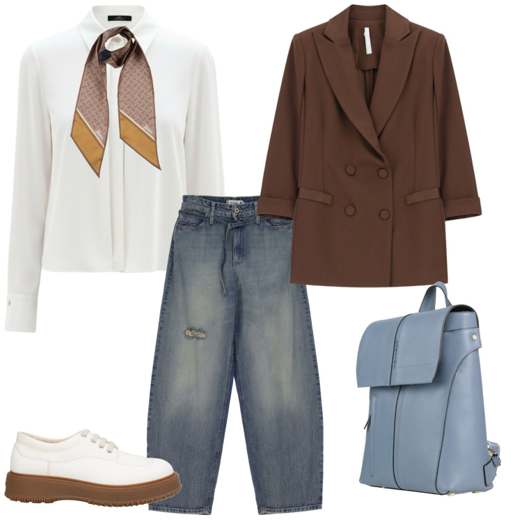 Outfit donna - Impegni di lavoro. per Ufficio. Abbinamento con sciarpe, scarpe stringate, zaini, jeans, blazer, camicie.