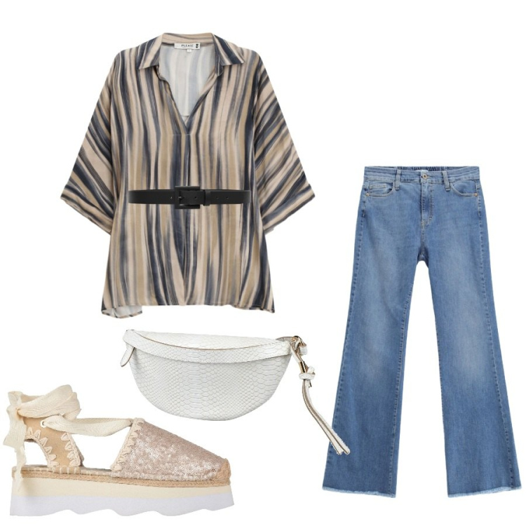 Outfit donna - Total look #2400147. Stile Casual chic per Tutti i giorni. Abbinamento con marsupi, décolleté, camicie, jeans, cinture.