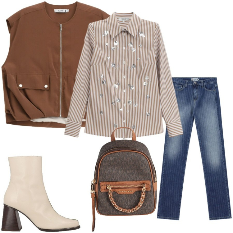 Outfit donna - Total look #2400150. Stile Casual chic per Tutti i giorni. Abbinamento con zaini, stivaletti, jeans, gilet, camicie.