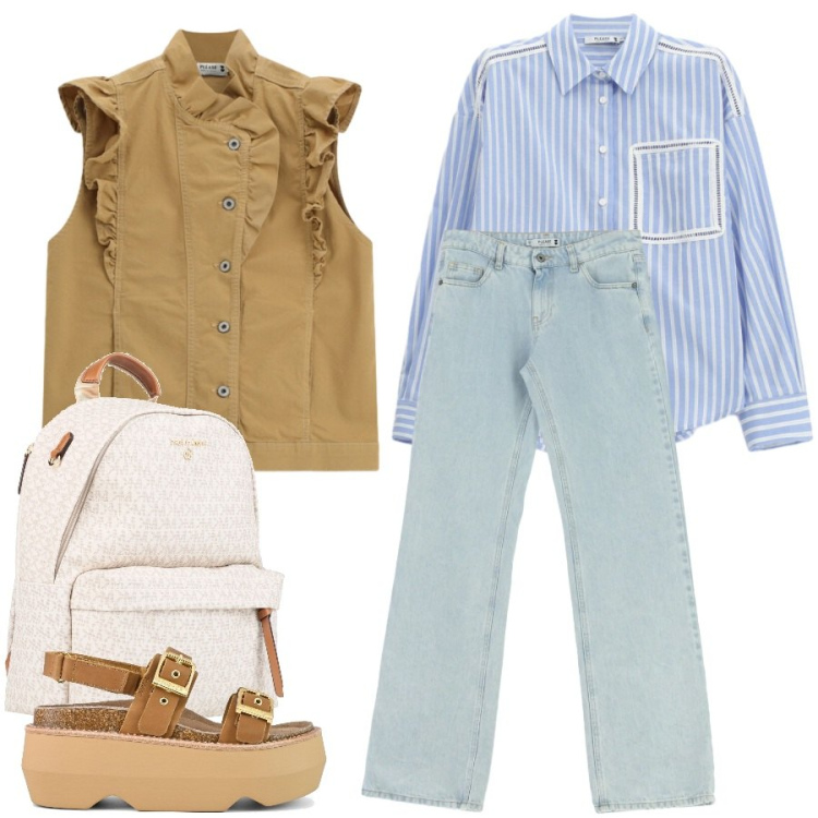 Outfit donna - Total look #2400152. Stile Casual chic per Tutti i giorni. Abbinamento con zaini, jeans dritti, camicie, gilet, sandali col tacco.