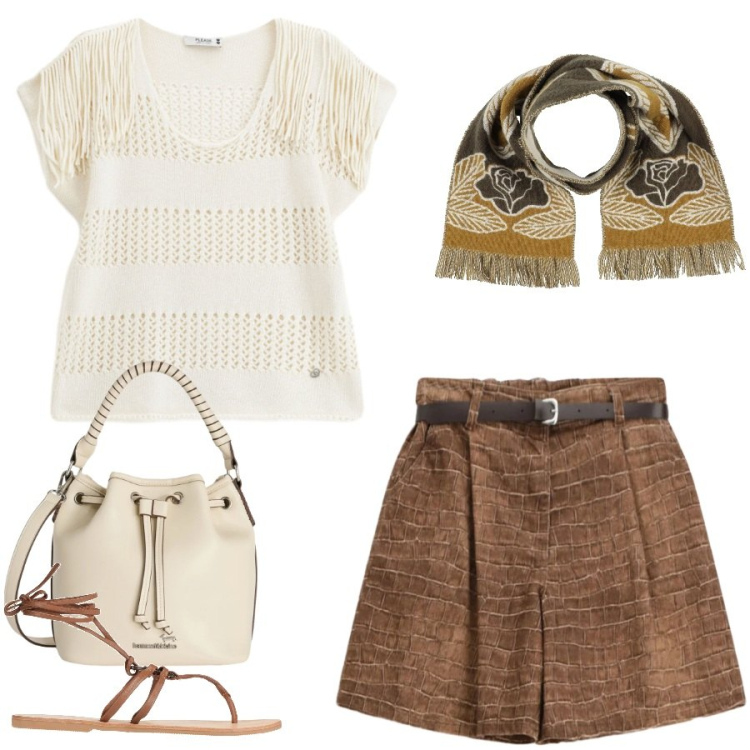 Outfit donna - Total look #2400156. Stile Casual chic per Tutti i giorni. Abbinamento con sciarpe, ciabatte, borse a secchiello, bermuda, top.