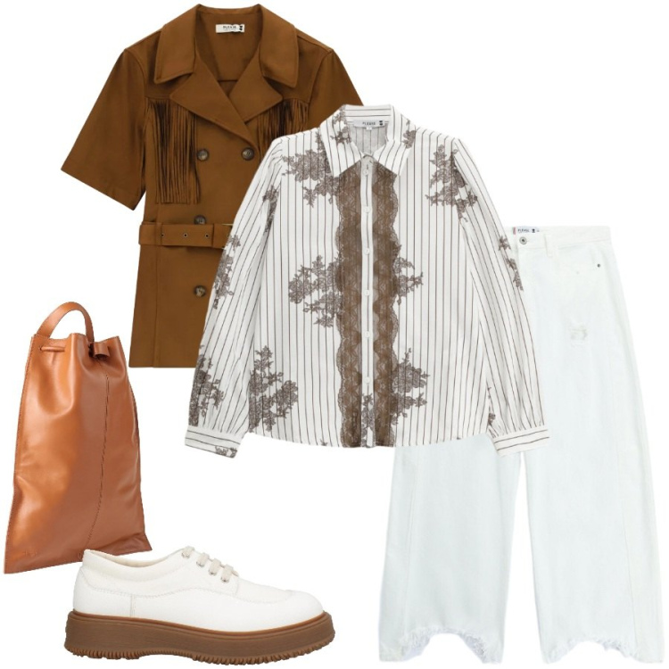 Outfit donna - Total look #2400159. Stile Casual chic per Tutti i giorni. Abbinamento con scarpe stringate, zaini, camicie, pantaloni a palazzo, giacche.