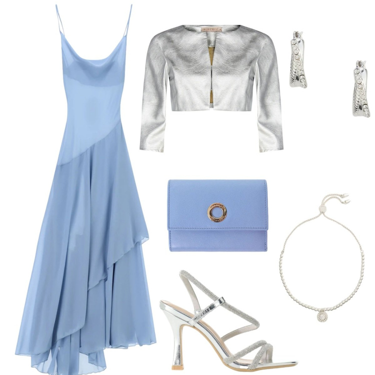 Outfit donna - Finishing Touch. Stile Chic per Cerimonia. Abbinamento con vestiti lunghi, portafogli, sandali col tacco, bolero, braccialetti, orecchini.
