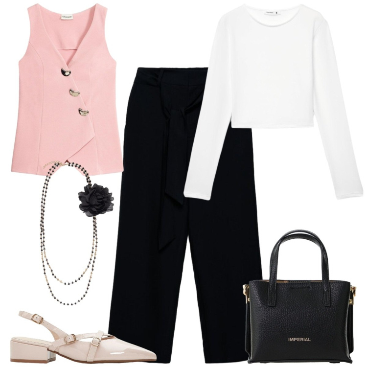 Outfit donna - Look da aperitivo primaverile. Stile Casual chic per Serata fuori. Abbinamento con décolleté, blazer, pantaloni a palazzo, t-shirt, borse a tracolla, collane.