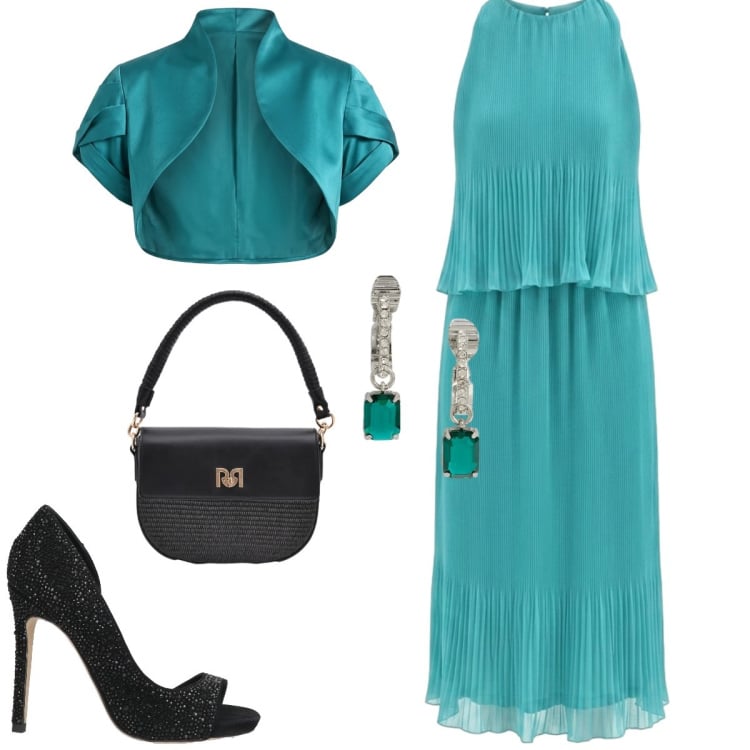 Outfit donna - Total look #2400252. Stile Chic per Cerimonia. Abbinamento con décolleté, vestiti midi/longuette, borse a spalla, bolero, orecchini.