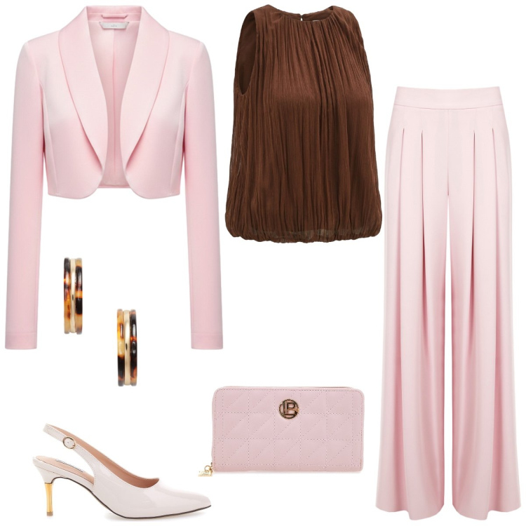 Outfit donna - Total look #2400262. Stile Chic per Cerimonia. Abbinamento con pantaloni a palazzo, bolero, bluse, orecchini, portafogli, décolleté.