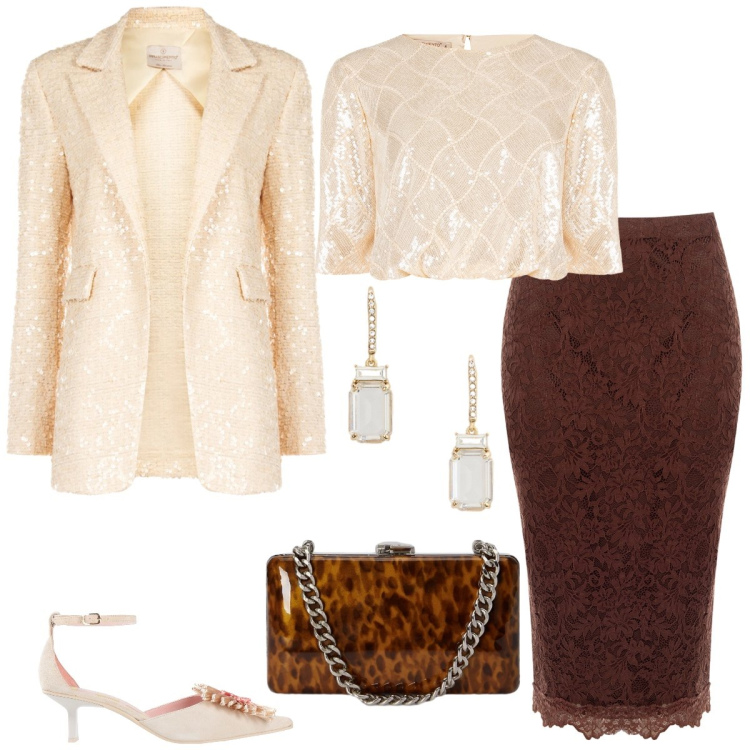 Outfit donna - Total look #2400266. Stile Glamour per Cerimonia. Abbinamento con décolleté, blazer, top, gonne longuette, orecchini, clutch.