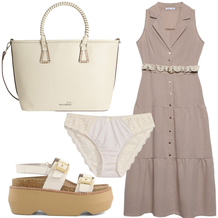 Outfit donna - Punto vita protagonista. Stile Casual per Tutti i giorni. Abbinamento con culotte, vestiti chemisier, shopping bag, zeppe.