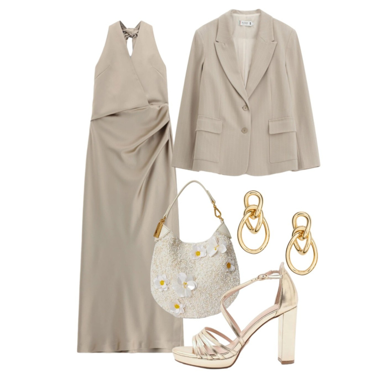 Outfit donna - Finishing Touch. Stile Glamour per Cerimonia. Abbinamento con blazer, vestiti lunghi, sandali col tacco, orecchini, pochette.