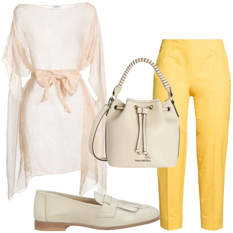 Outfit donna - Silhouette fluide e leggere. Stile Casual per Tutti i giorni. Abbinamento con top, pantaloni, mocassini, borse a secchiello.