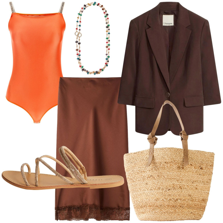 Outfit donna - Touch orange. Stile Casual per Tutti i giorni. Abbinamento con shopping bag, blazer, sandali, gonne longuette, collane, top.