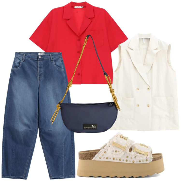 Outfit donna - Giacca smanicata. Stile Casual per Tutti i giorni. Abbinamento con borse a tracolla, camicie a manica corta, jeans, gilet, zeppe.