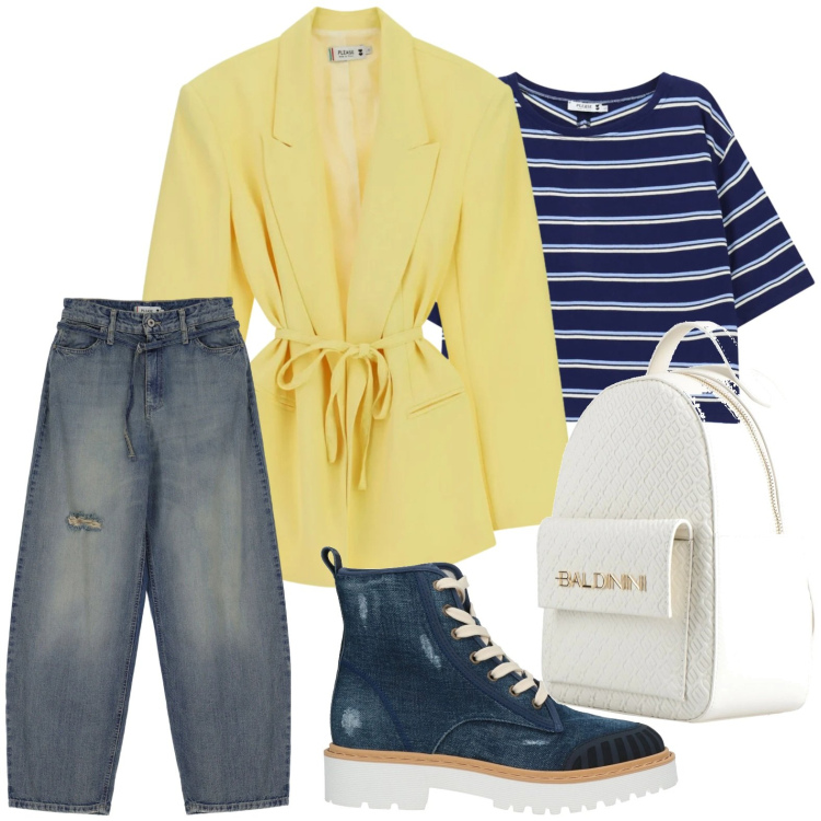 Outfit donna - Blazer con cintura. Stile Trendy per Tutti i giorni. Abbinamento con stivaletti, zaini, jeans, top, blazer.
