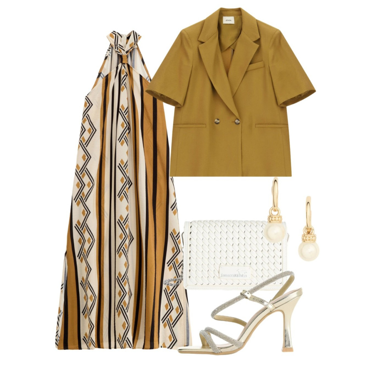 Outfit donna - Finishing Touch. Stile Chic per Cerimonia. Abbinamento con borse a tracolla, sandali col tacco, blazer, vestiti lunghi, orecchini.