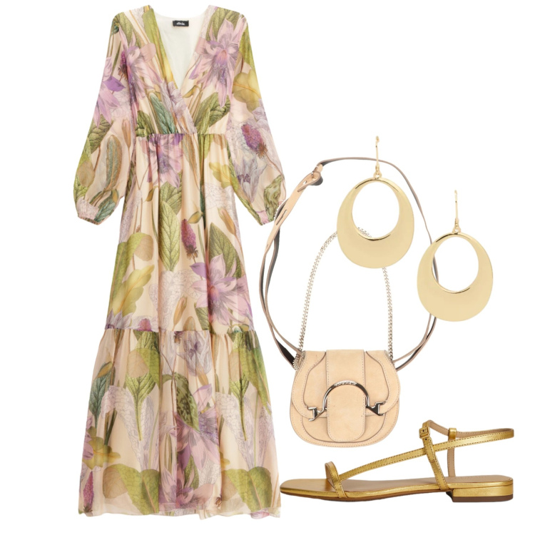 Outfit donna - Finishing Touch. Stile Romantica per Cerimonia. Abbinamento con marsupi, vestiti lunghi, orecchini, sandali in pelle.