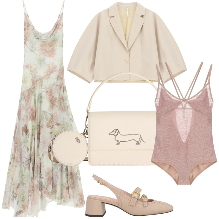 Outfit donna - Romantica. Stile Chic per Serata fuori. Abbinamento con décolleté, borse a tracolla, vestiti lunghi, body, blazer.