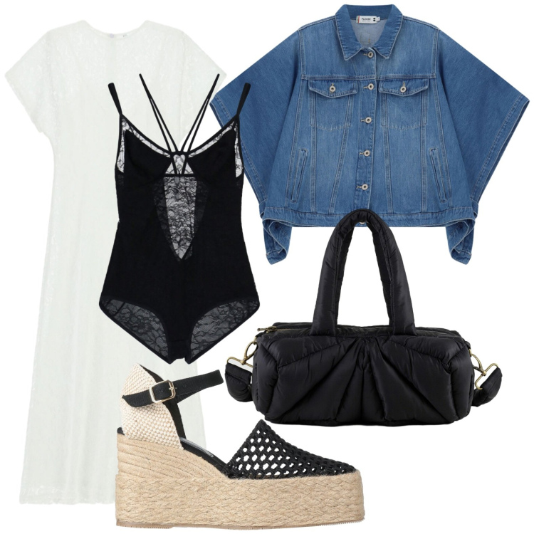 Outfit donna - Denim stile mantella. Stile Casual per Tutti i giorni. Abbinamento con espadrillas, blazer, body, vestiti midi/longuette, borse a mano.