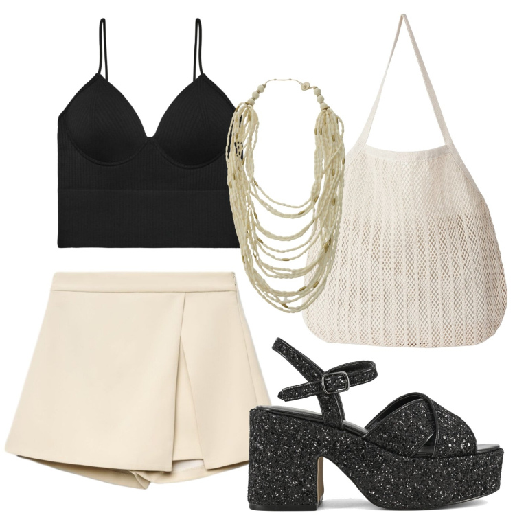Outfit donna - Shorts gonna. Stile Glamour per Tutti i giorni. Abbinamento con gonne, top, shopping bag, collane, sandali.