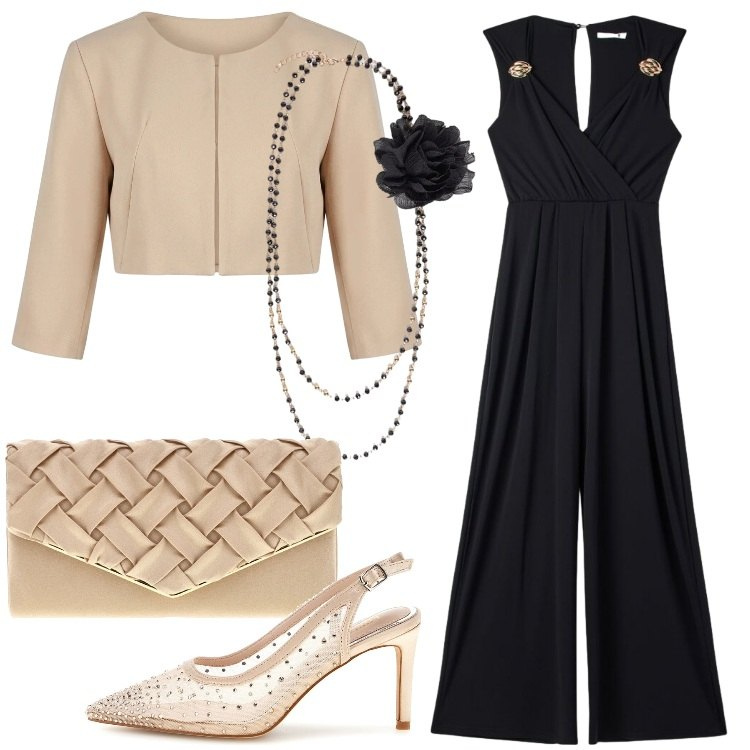 Outfit donna - Finishing Touch. Stile Chic per Cerimonia. Abbinamento con tute, bolero, collane, pochette, décolleté.