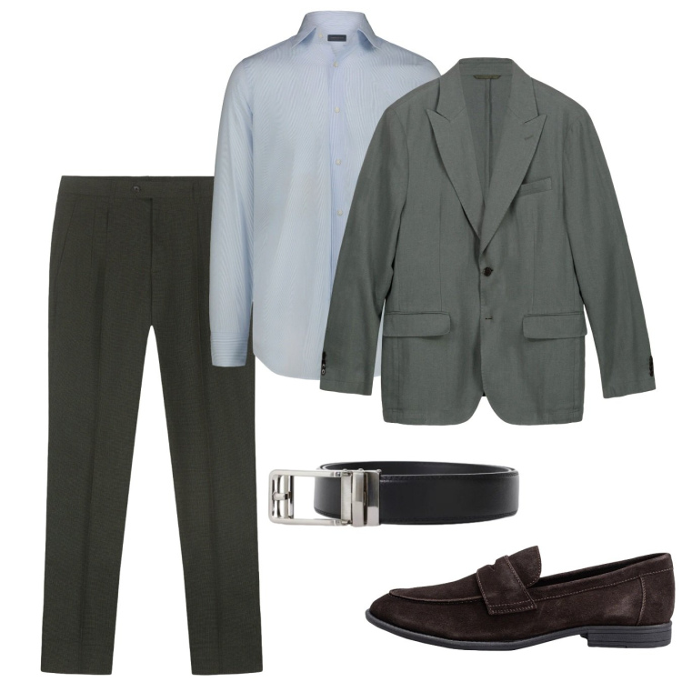 Outfit uomo - Tocco elegante. Stile Casual per Serata speciale. Abbinamento con cinture, giacche, camicie, pantaloni, scarpe stringate.