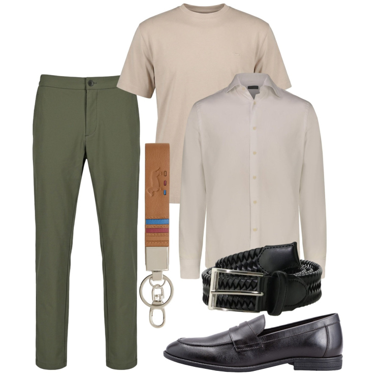 Outfit uomo - Maggio. Stile Casual per Tutti i giorni. Abbinamento con cinture, portachiavi, t-shirt, camicie, scarpe stringate, pantaloni.