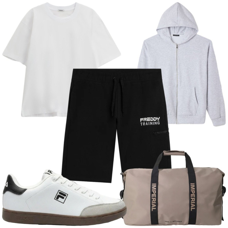 Outfit uomo - Total look #2400307. Stile Trendy per Sport. Abbinamento con sneakers, felpe con cappuccio, t-shirt, borse sportive, bermuda.