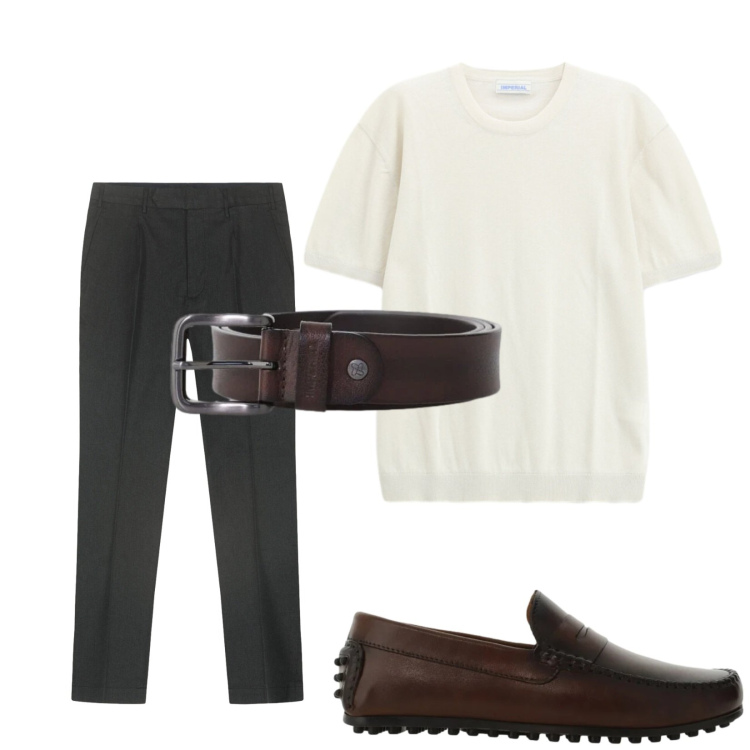 Outfit uomo - Semplice ma curato. Stile Trendy per Tutti i giorni. Abbinamento con scarpe stringate, t-shirt, cinture, pantaloni.