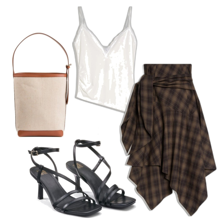 Outfit mujer - Trendy look. Estilo Trendy para Noche/Fiesta elegante. Combinación con bolsos saco, sandalias de tacón, falda longuette, top.
