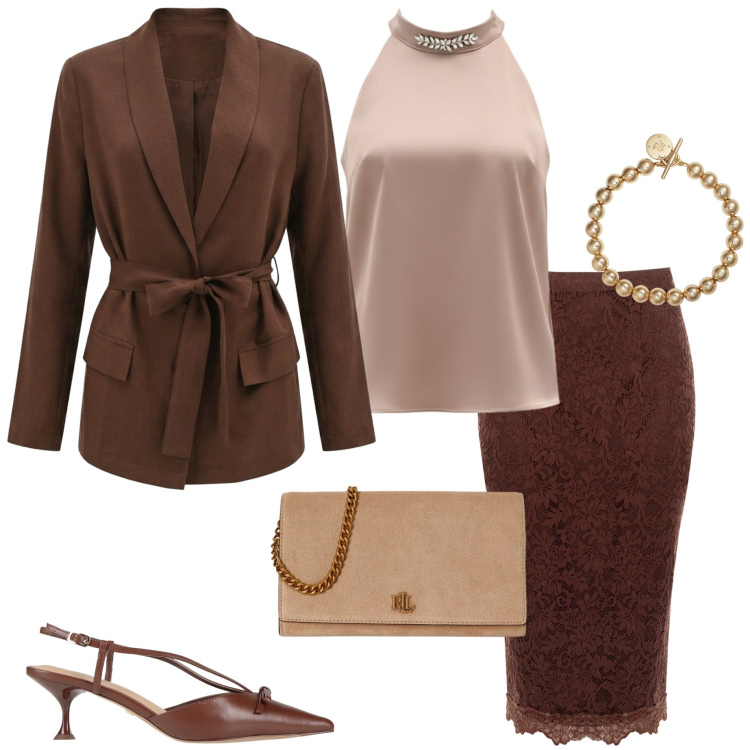 Outfit donna - Invitata perfetta. Stile Chic per Cerimonia. Abbinamento con décolleté, gonne longuette, top, blazer, braccialetti, borse a tracolla.